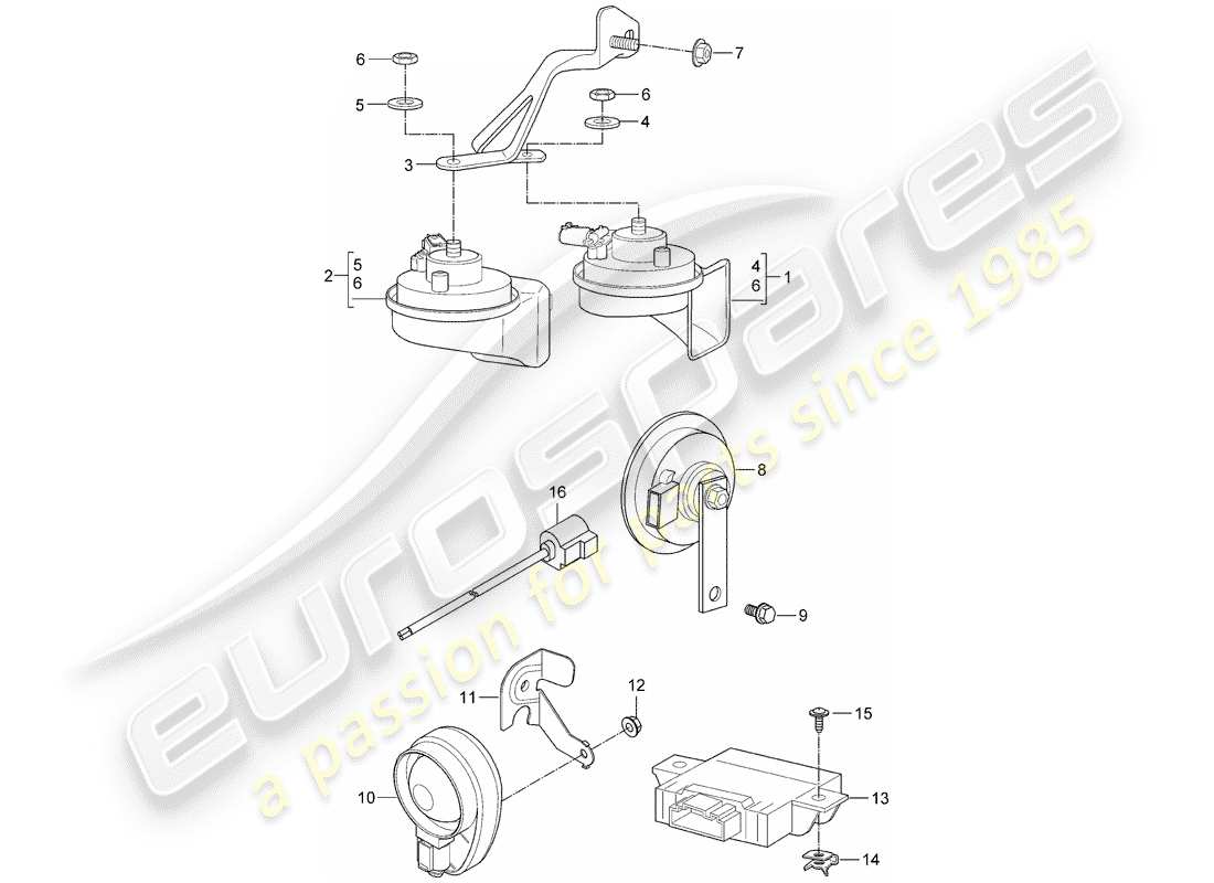 porsche 997 (2008) fanfare horn part diagram