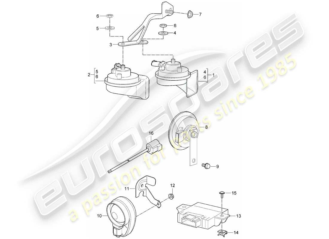 porsche 911 t/gt2rs (2013) fanfare horn part diagram