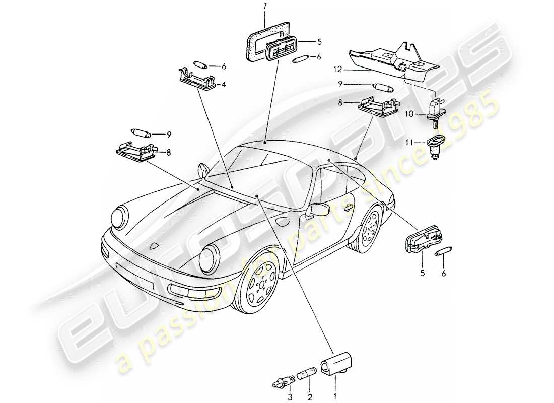 porsche 964 (1992) interior lights - luggage compartment lamp - engine compartment light part diagram