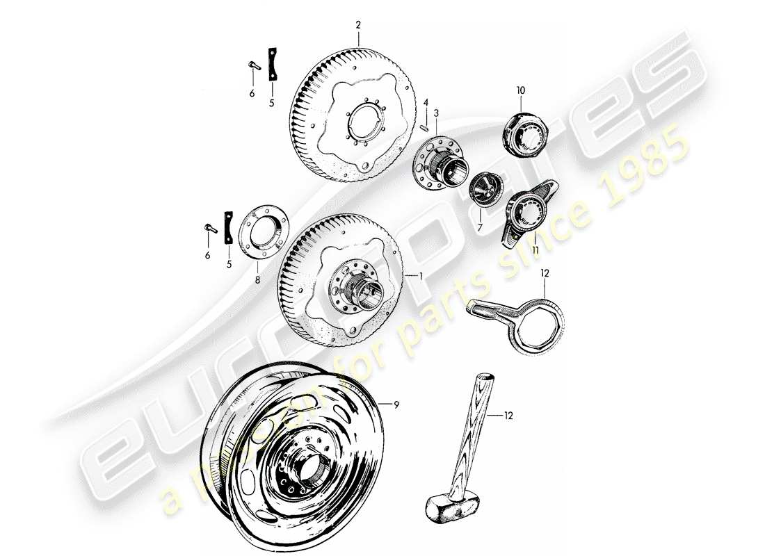 porsche 356b/356c (1964) perforated disc wheel - central locking - with: - fasteners part diagram