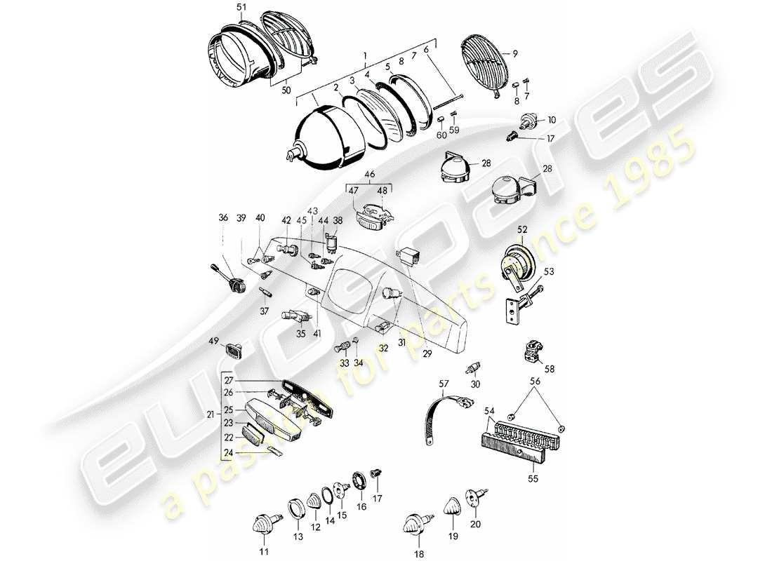 porsche 356/356a (1957) headlamp - and - switch part diagram