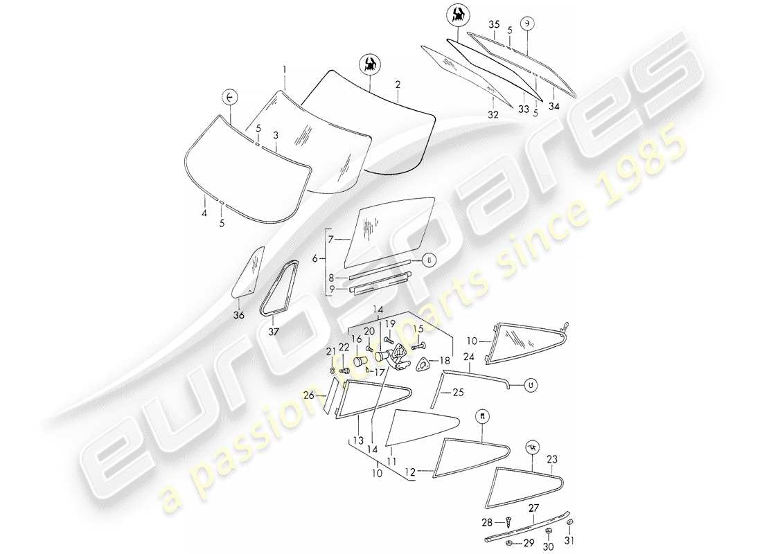 porsche 911 (1971) window glazing part diagram