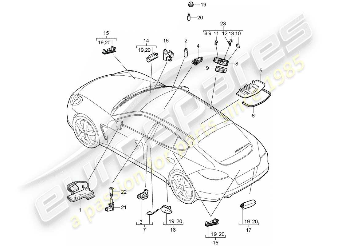 porsche panamera 970 (2010) interior lights part diagram