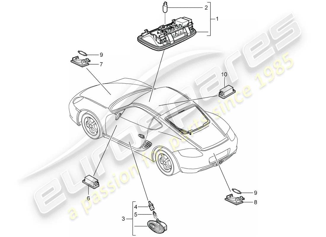 porsche cayman 987 (2012) interior lights part diagram