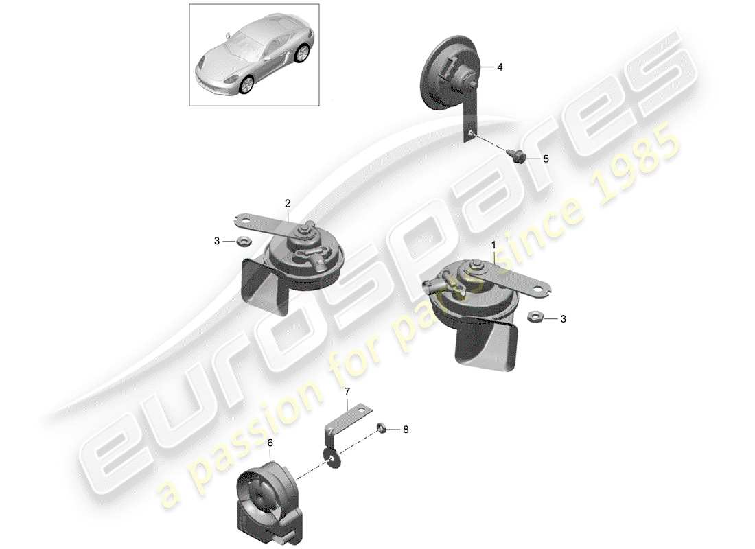 porsche 718 cayman (2017) fanfare horn part diagram