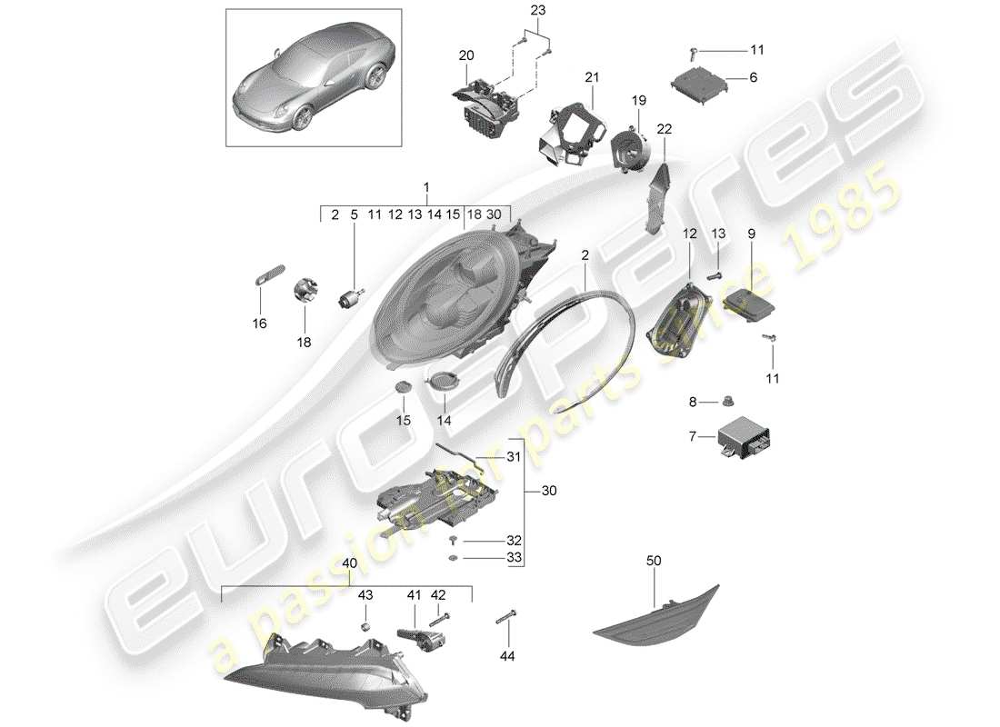 porsche 991 (2016) headlamp part diagram