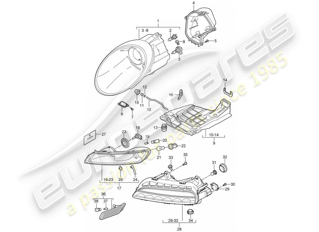 porsche 997 gt3 (2008) headlamp part diagram