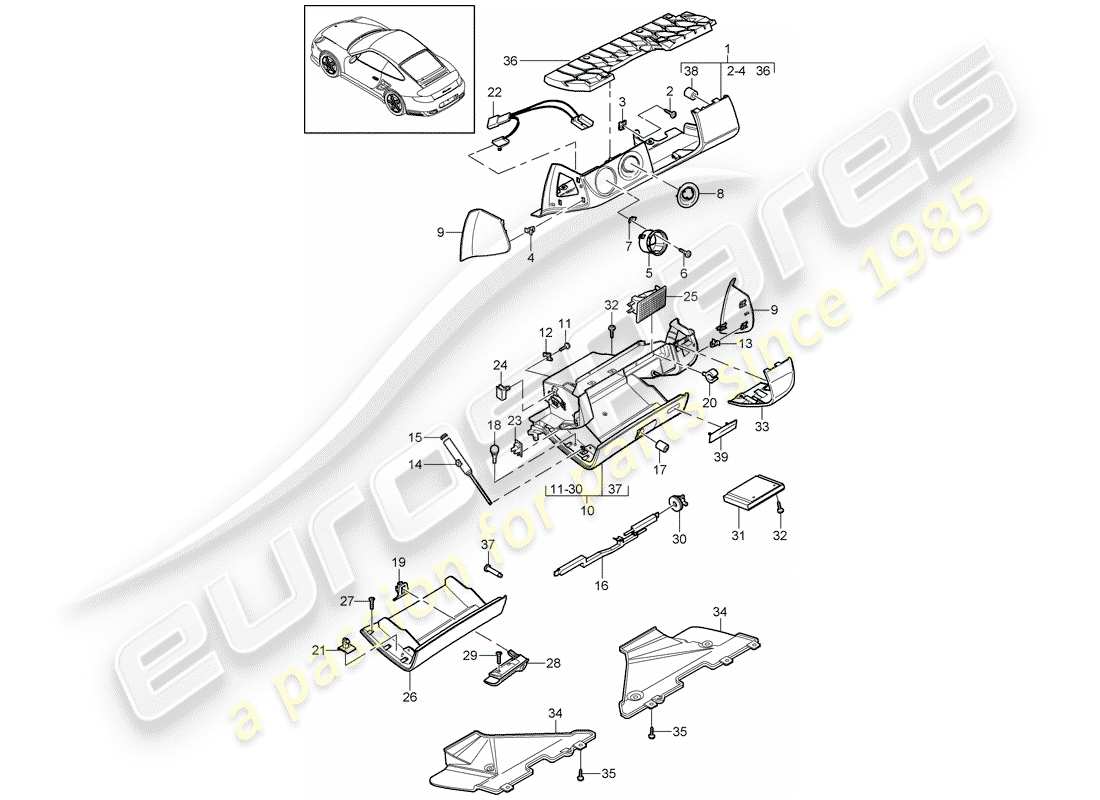 porsche 911 t/gt2rs (2013) glove box part diagram