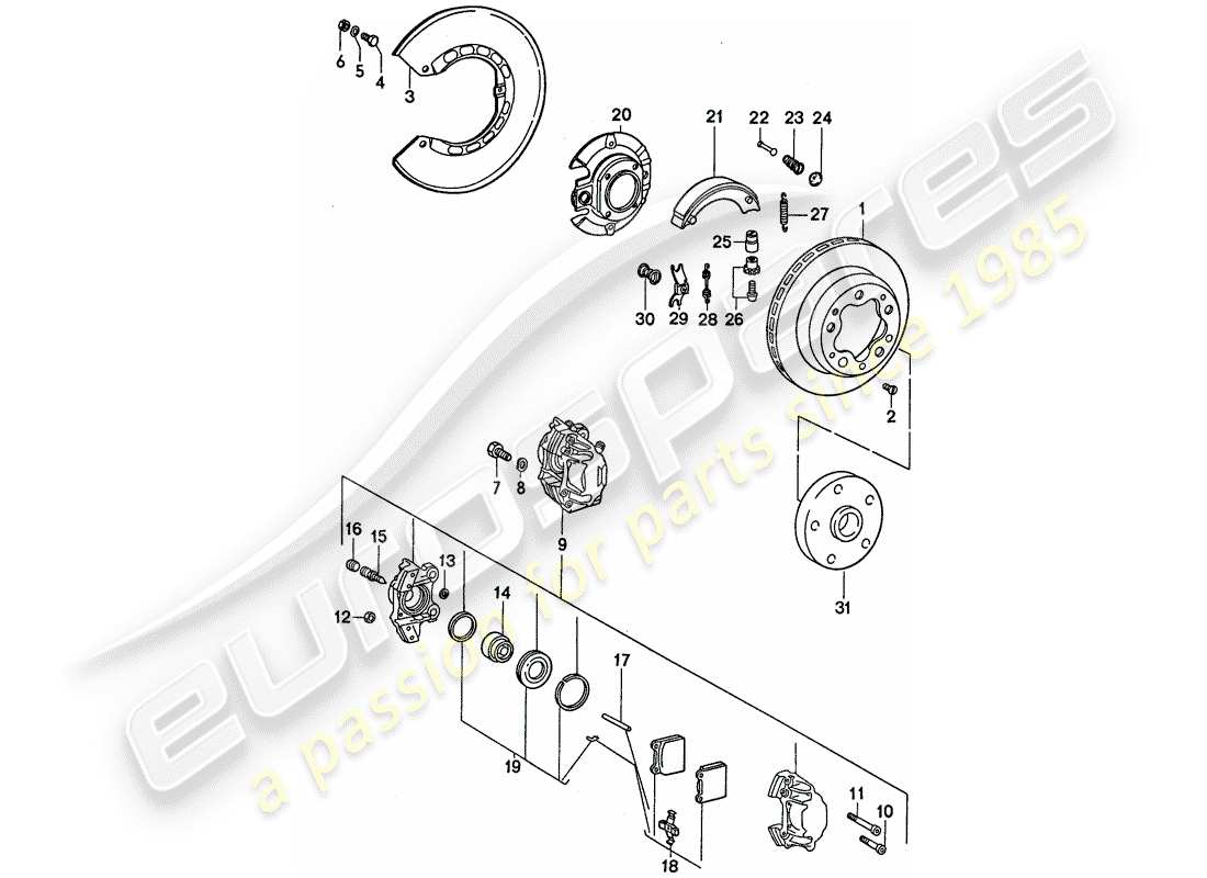 porsche 911 (1976) disc brakes - handbrake part diagram