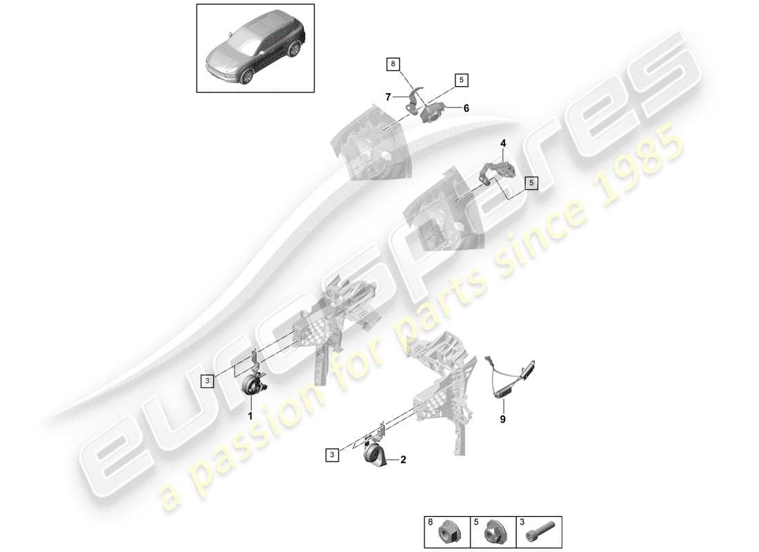 porsche cayenne e3 (2019) fanfare horn part diagram