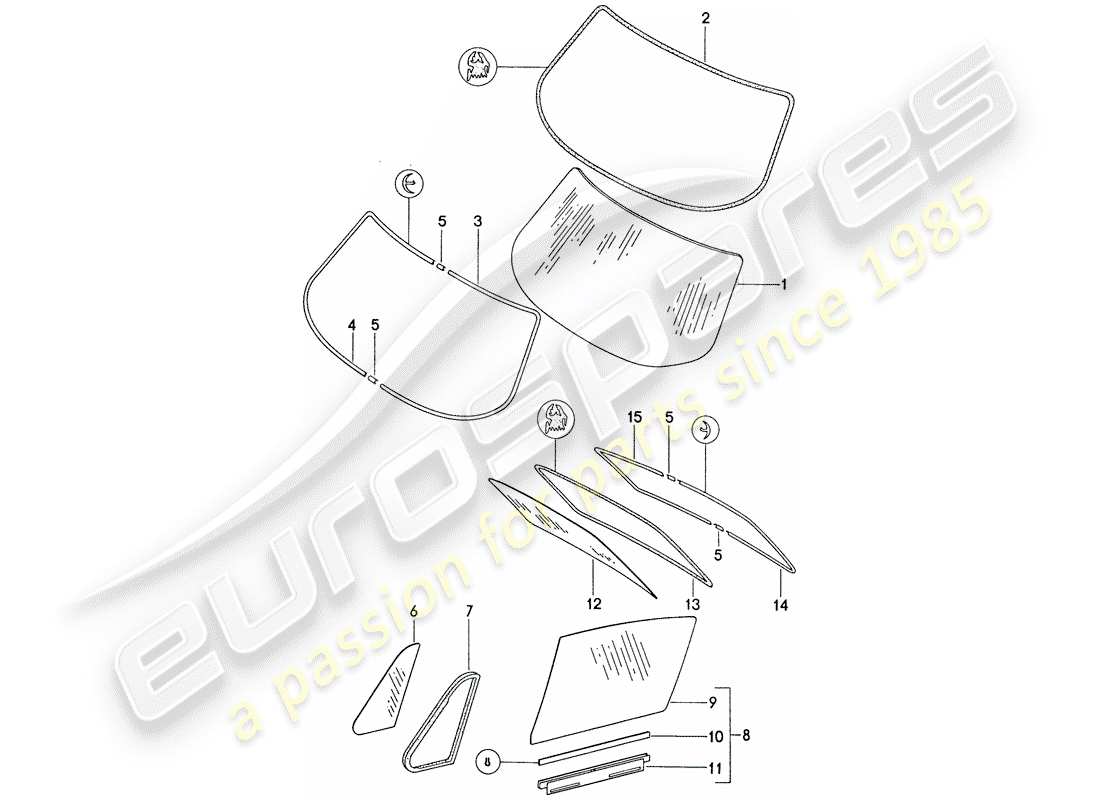 porsche 911 (1977) window glazing part diagram