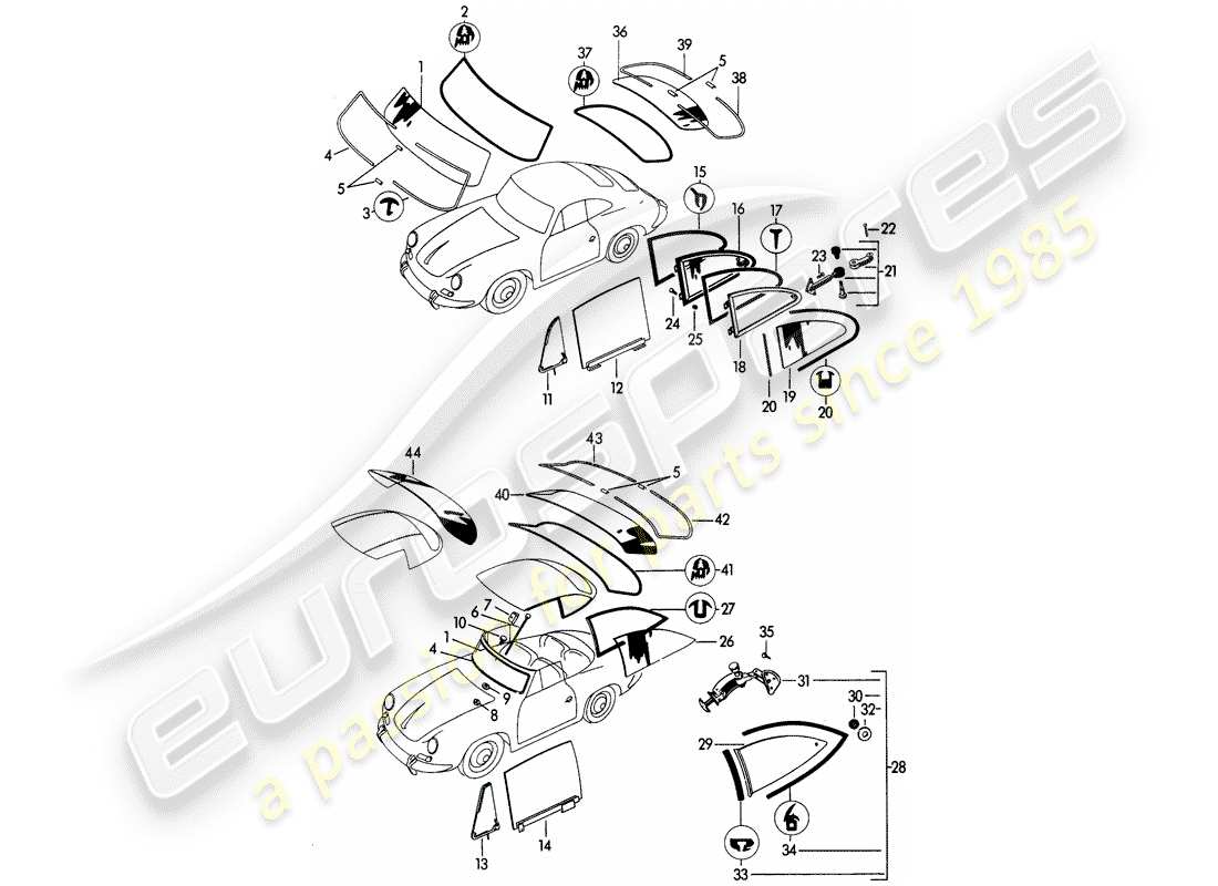 porsche 356b/356c (1963) window glazing part diagram