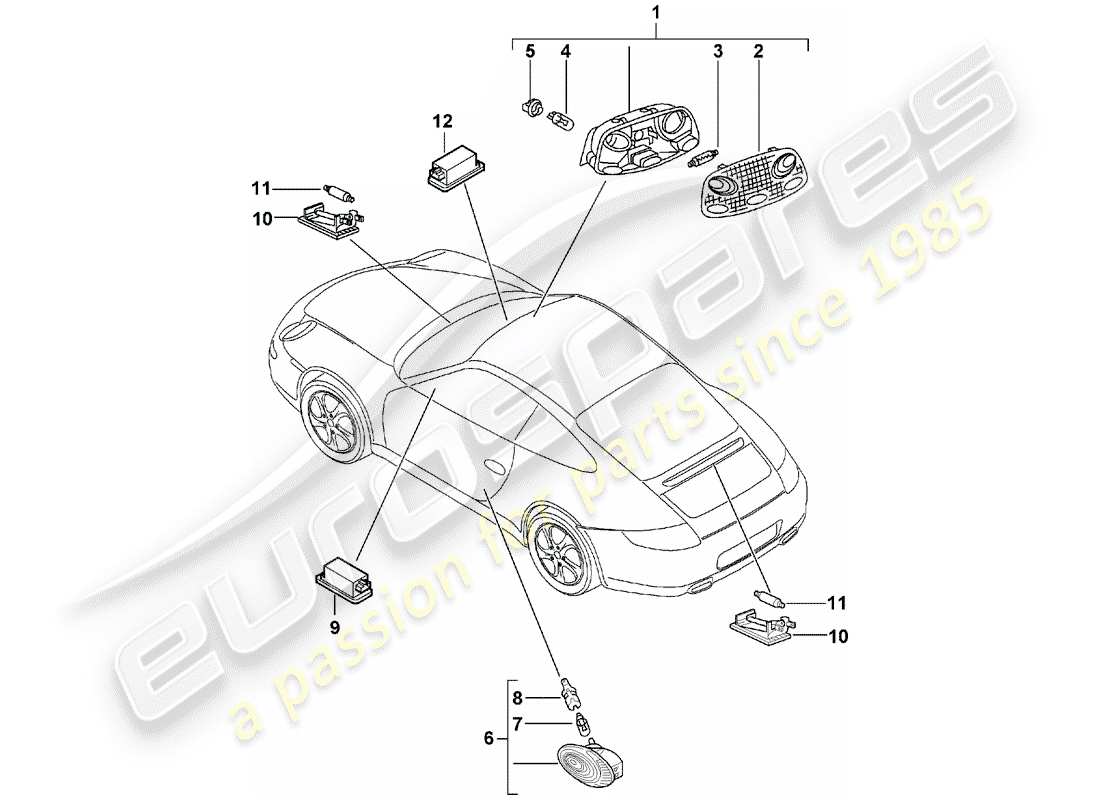 porsche 997 (2008) interior lighting part diagram