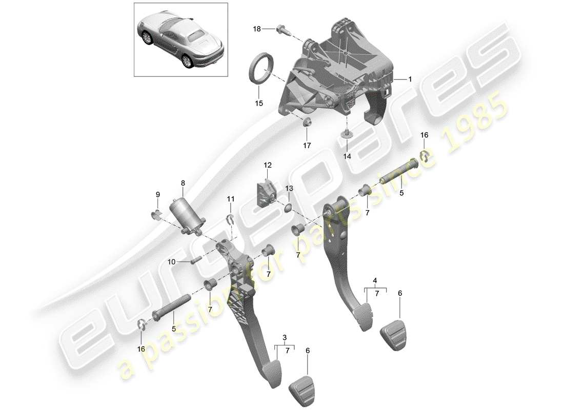 porsche 718 boxster (2017) brake and acc. pedal assembly part diagram