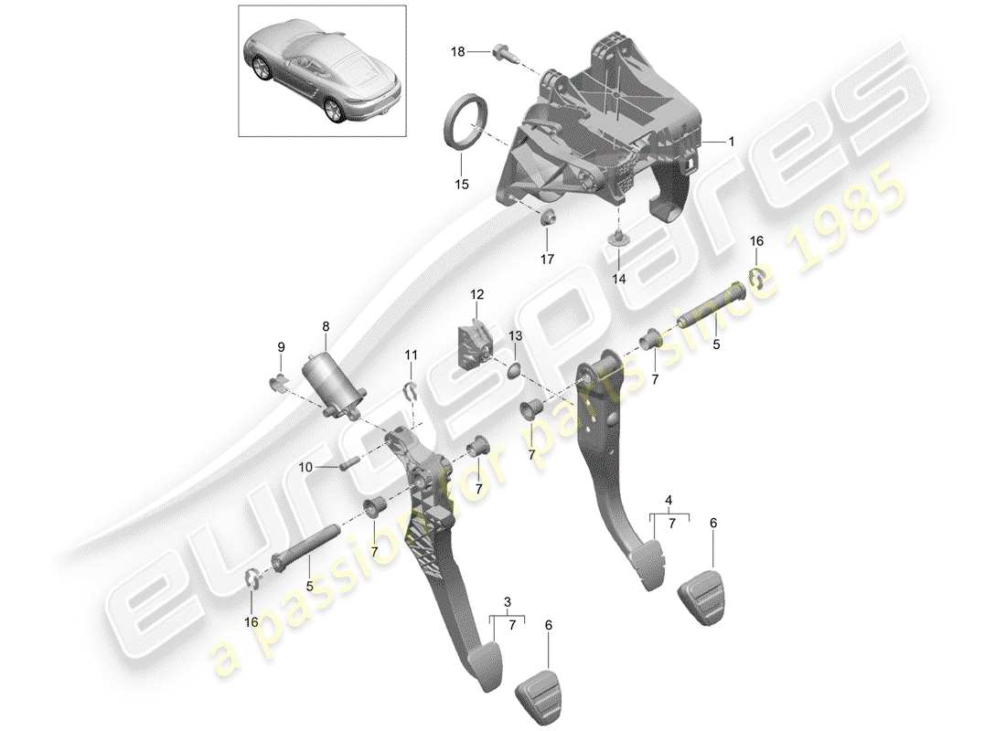 porsche 718 cayman (2020) brake and acc. pedal assembly part diagram