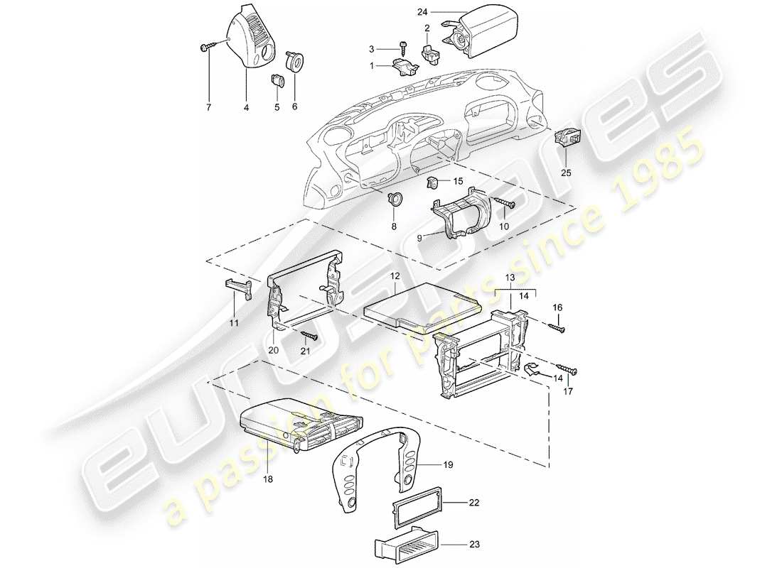 porsche boxster 986 (1997) accessories - dash panel trim part diagram