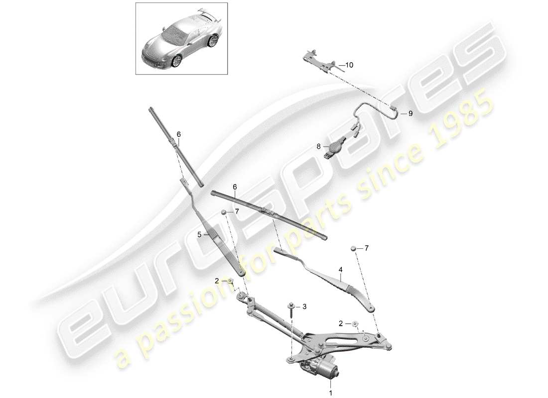 porsche 991r/gt3/rs (2015) windshield wiper system compl. part diagram