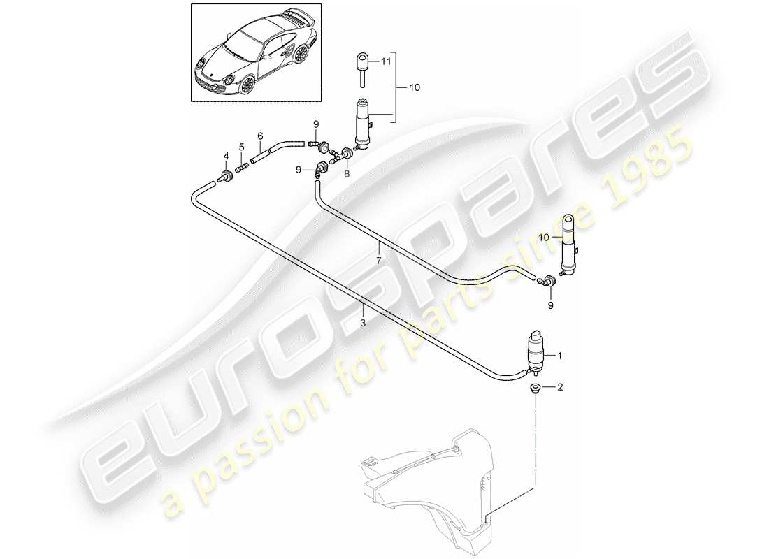 porsche 911 t/gt2rs (2012) headlight washer system part diagram