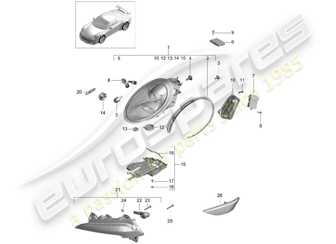 porsche 991r/gt3/rs (2019) headlamp part diagram