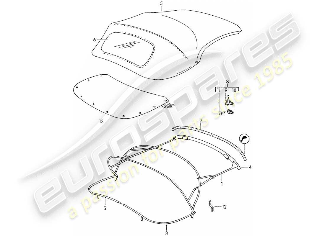 porsche 356/356a (1957) convertible top - convertible top covering part diagram