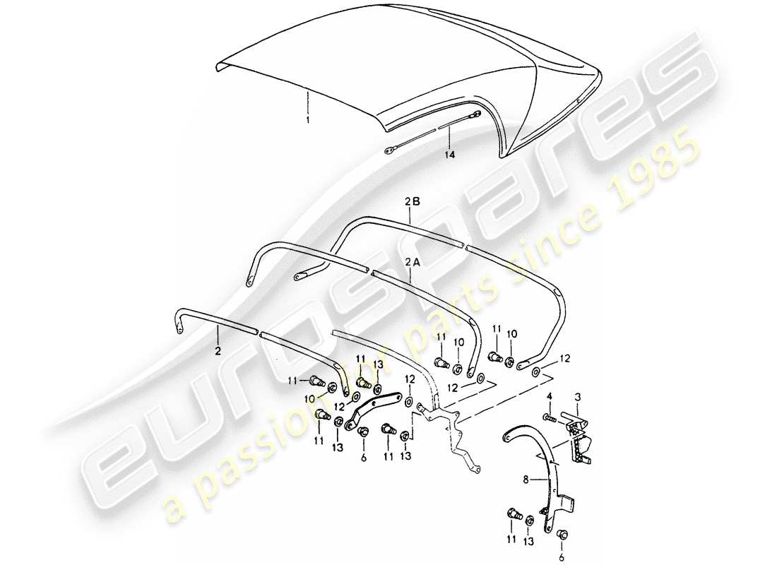 porsche 964 (1992) convertible top covering - top frame - single parts part diagram