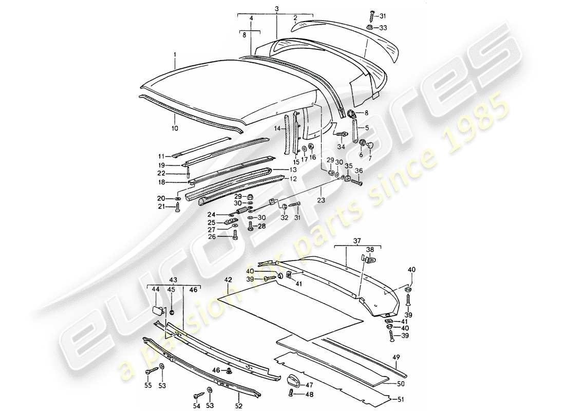 porsche 964 (1991) convertible top covering - seal strip - single parts part diagram