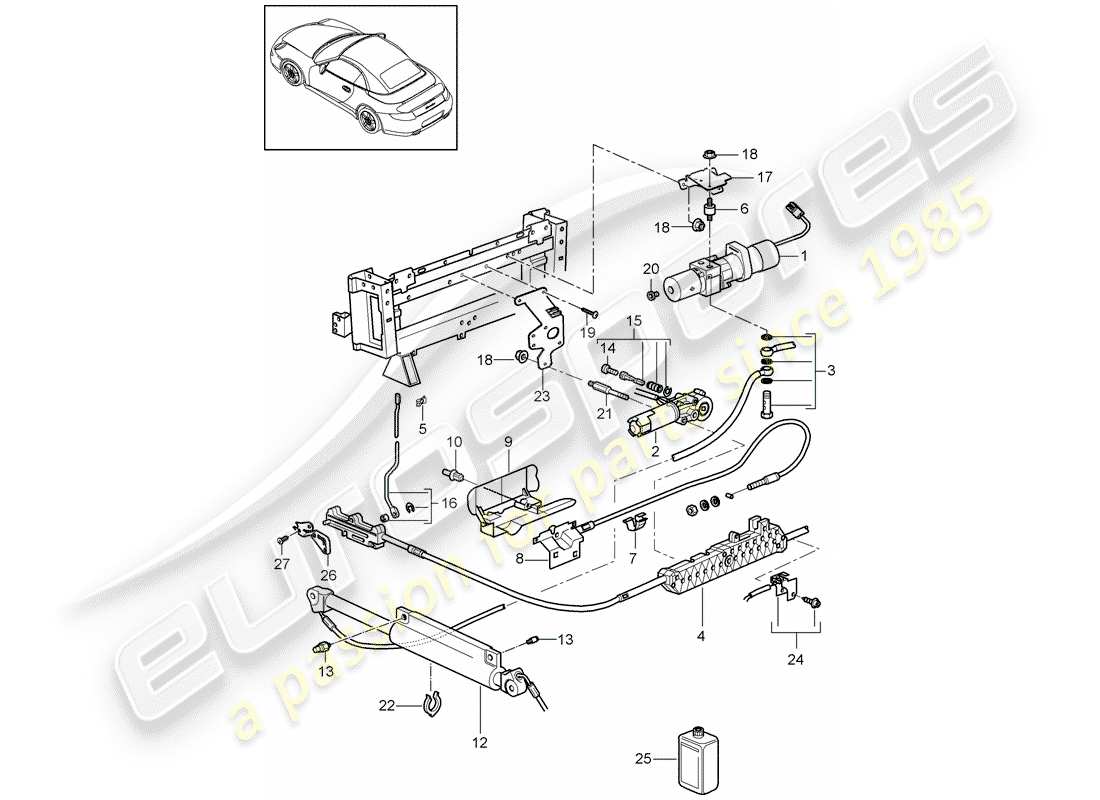 porsche 997 t/gt2 (2009) convertible top part diagram