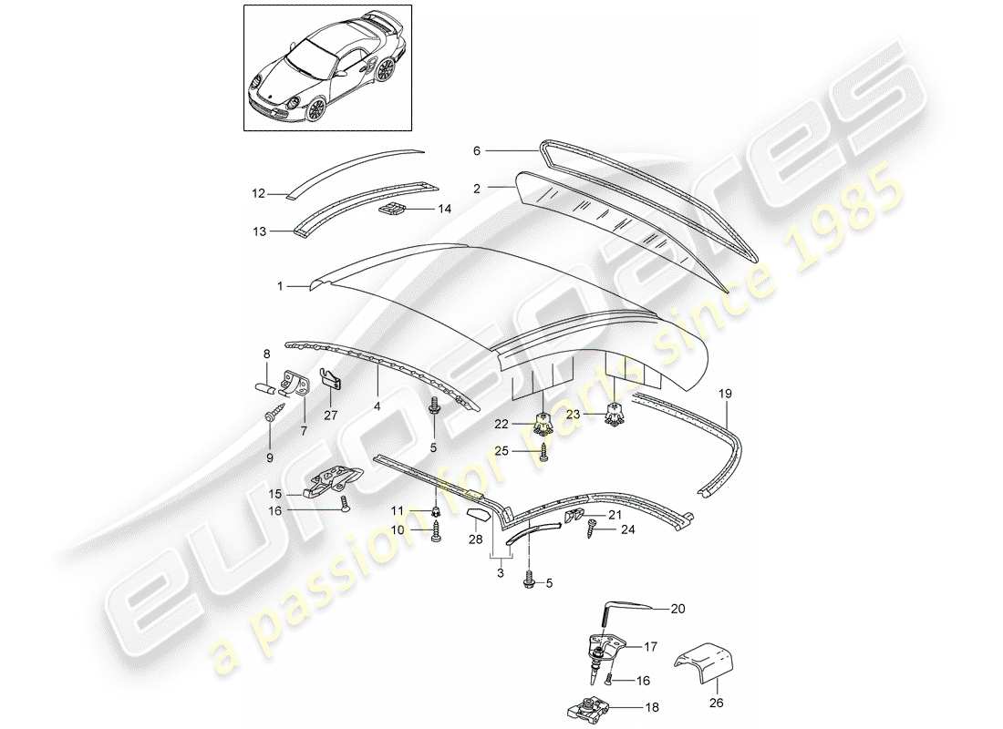 porsche 997 t/gt2 (2009) hardtop part diagram