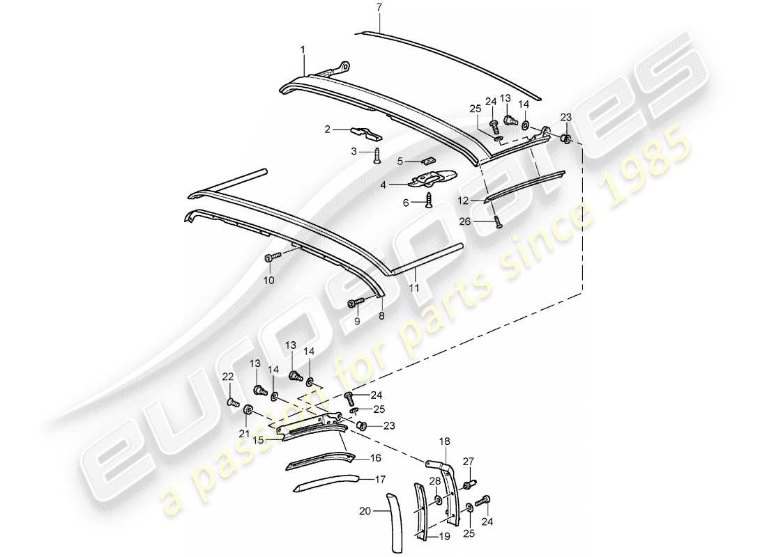 porsche 964 (1990) folding top - seal strip - roof frame part diagram