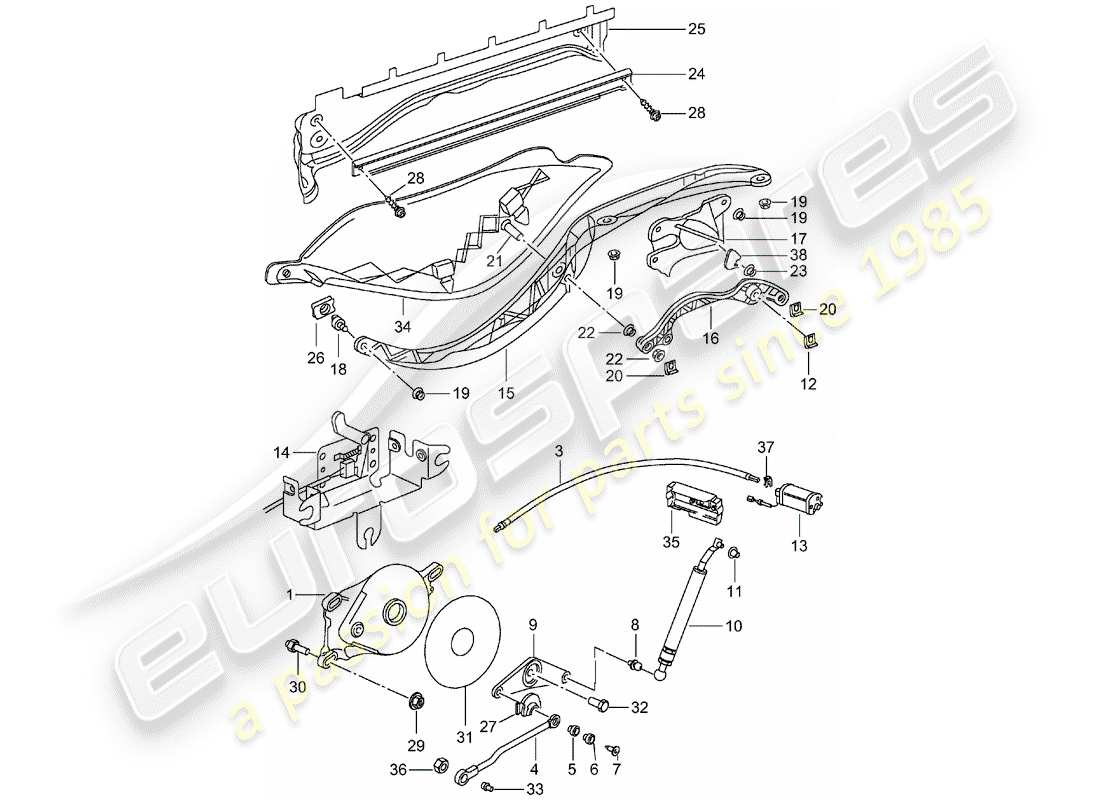 porsche boxster 986 (2003) top frame - drive unit - top stowage box - cover part diagram