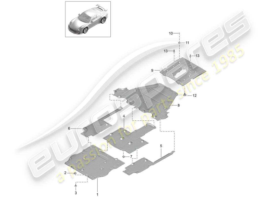 porsche 991r/gt3/rs (2015) underbody lining part diagram