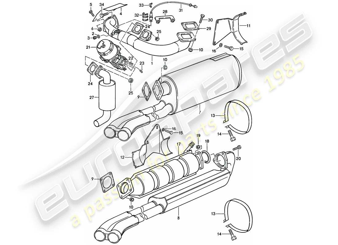 porsche 911 (1987) exhaust system part diagram