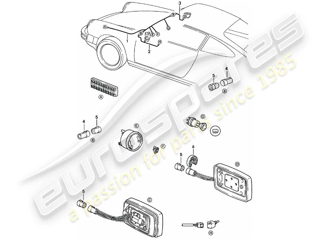 porsche 911 (1980) wiring harnesses - rear view mirror part diagram