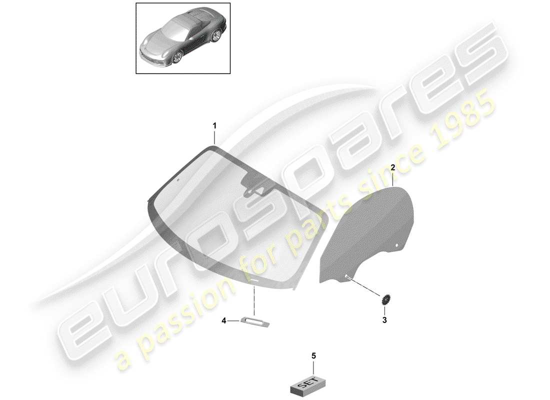 porsche 991r/gt3/rs (2014) windshield glass part diagram