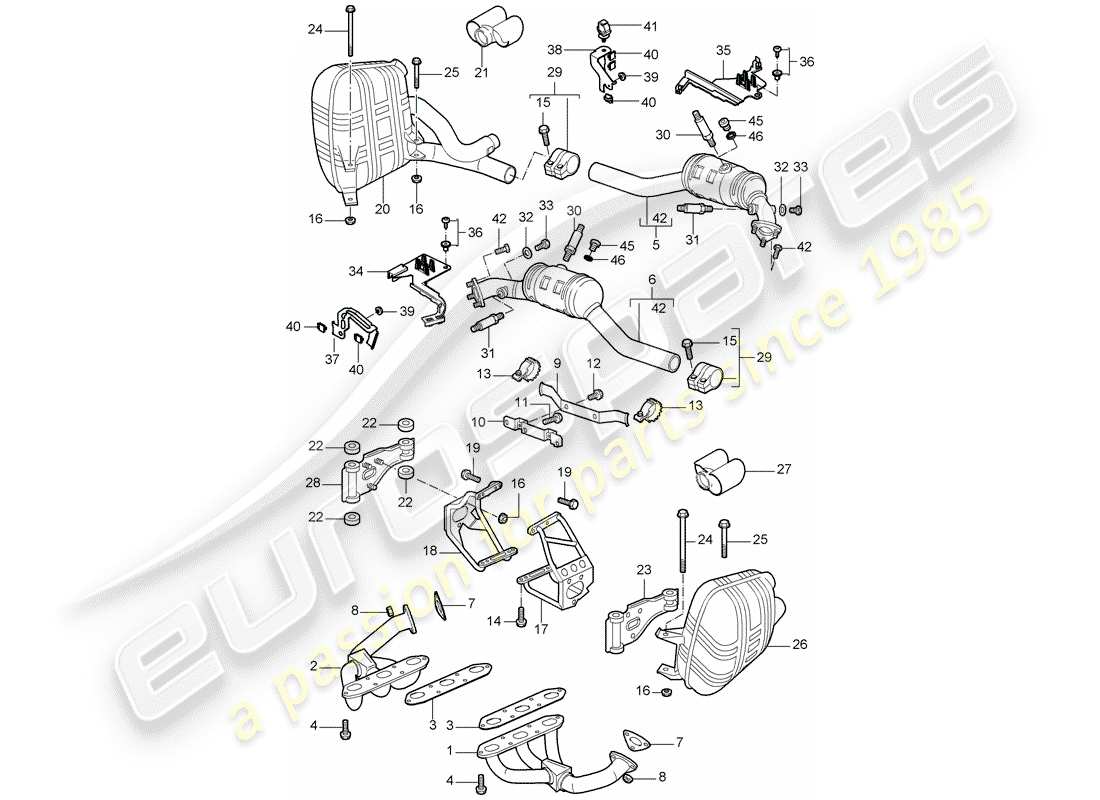 porsche 997 (2008) exhaust system part diagram