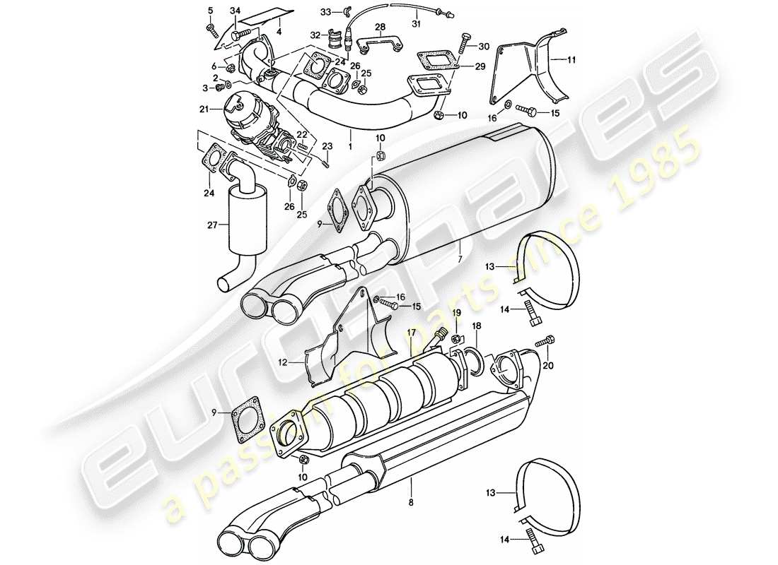 porsche 911 (1986) exhaust system part diagram