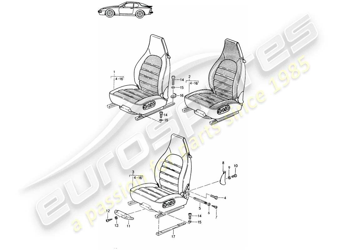 porsche seat 944/968/911/928 (1990) front seat - complete - all-electric - d - mj 1989>> - mj 1991 part diagram