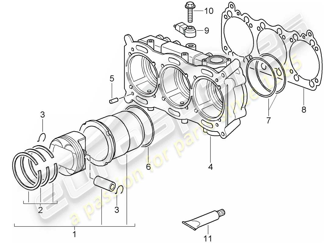 porsche 997 gt3 (2011) cylinder with pistons part diagram