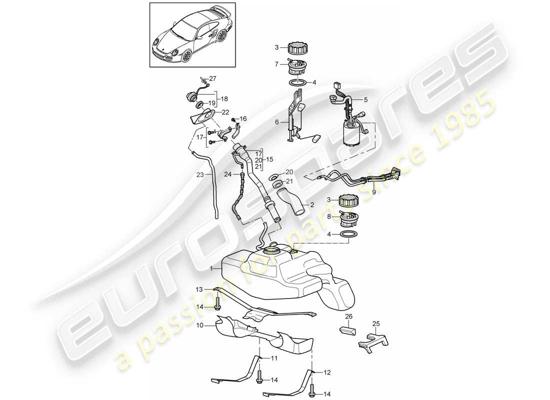 porsche 911 t/gt2rs (2012) fuel tank part diagram