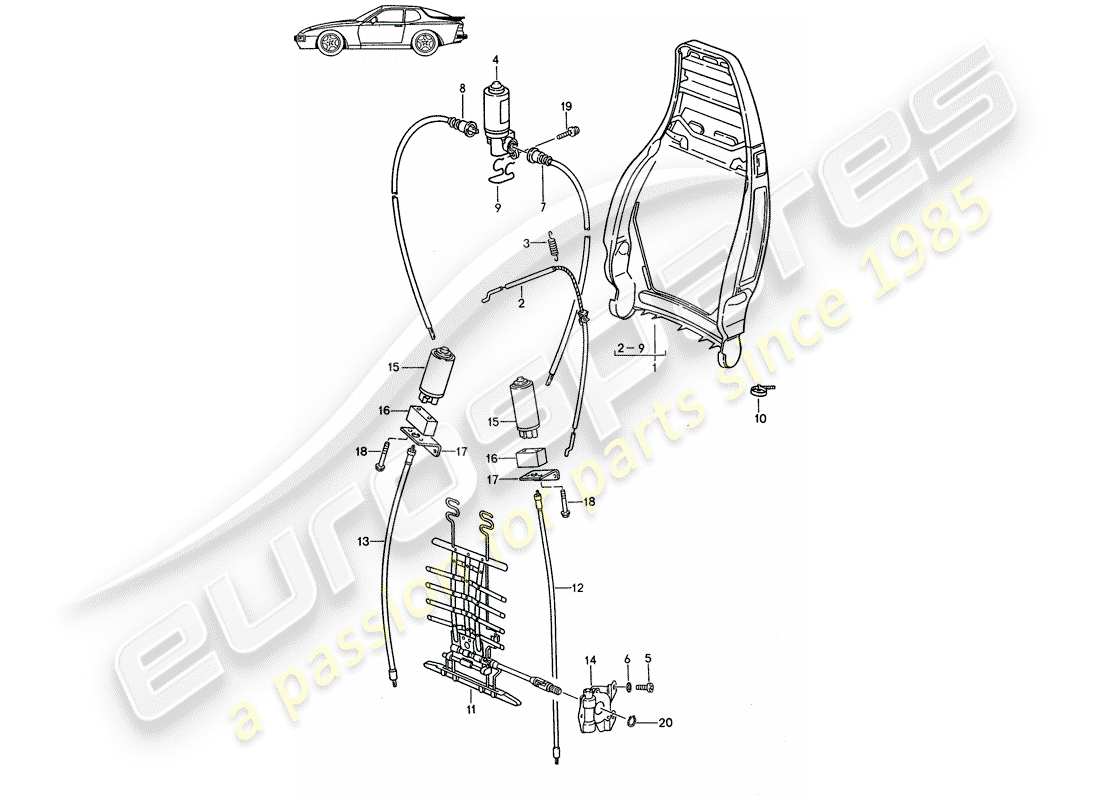 porsche seat 944/968/911/928 (1990) backrest frame - manually - electric - lumbar support - d >> - mj 1988 part diagram