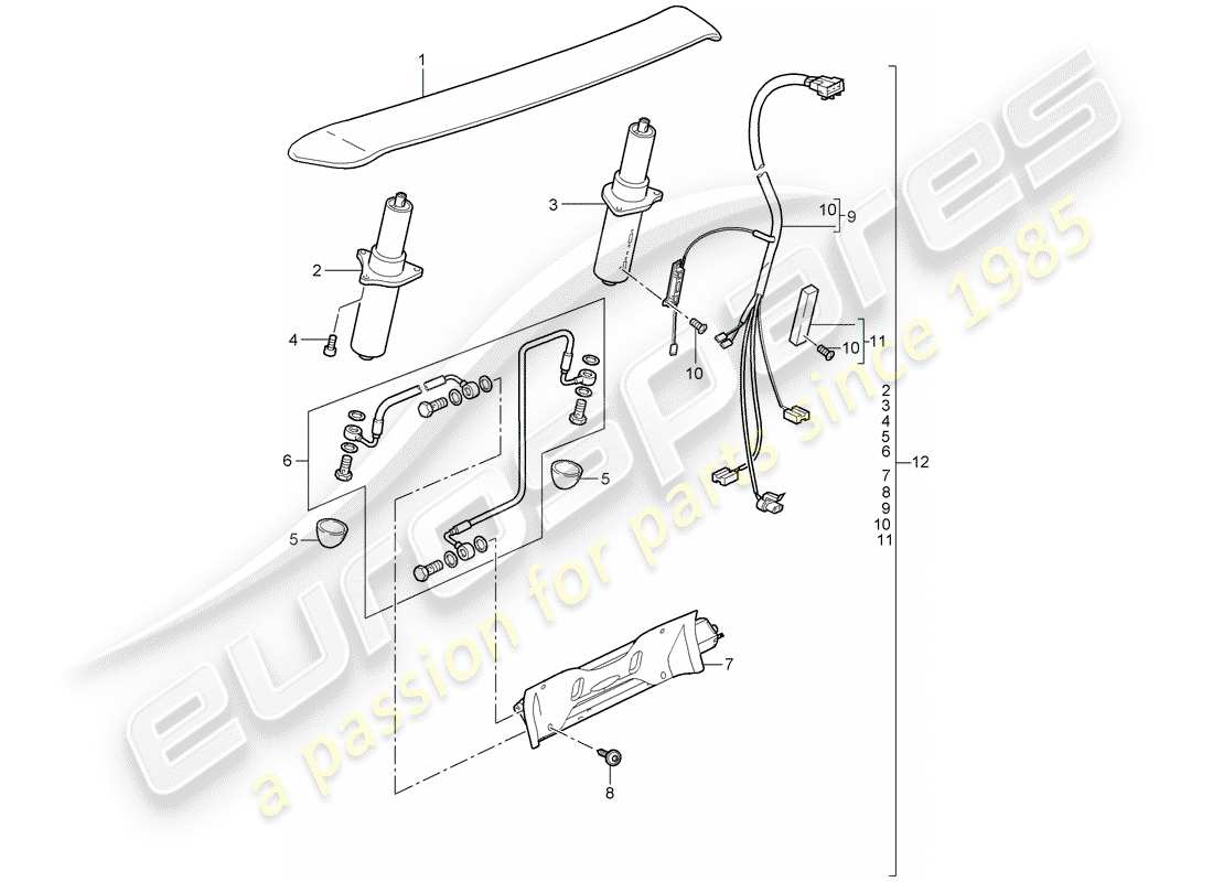 porsche 997 t/gt2 (2007) rear spoiler part diagram