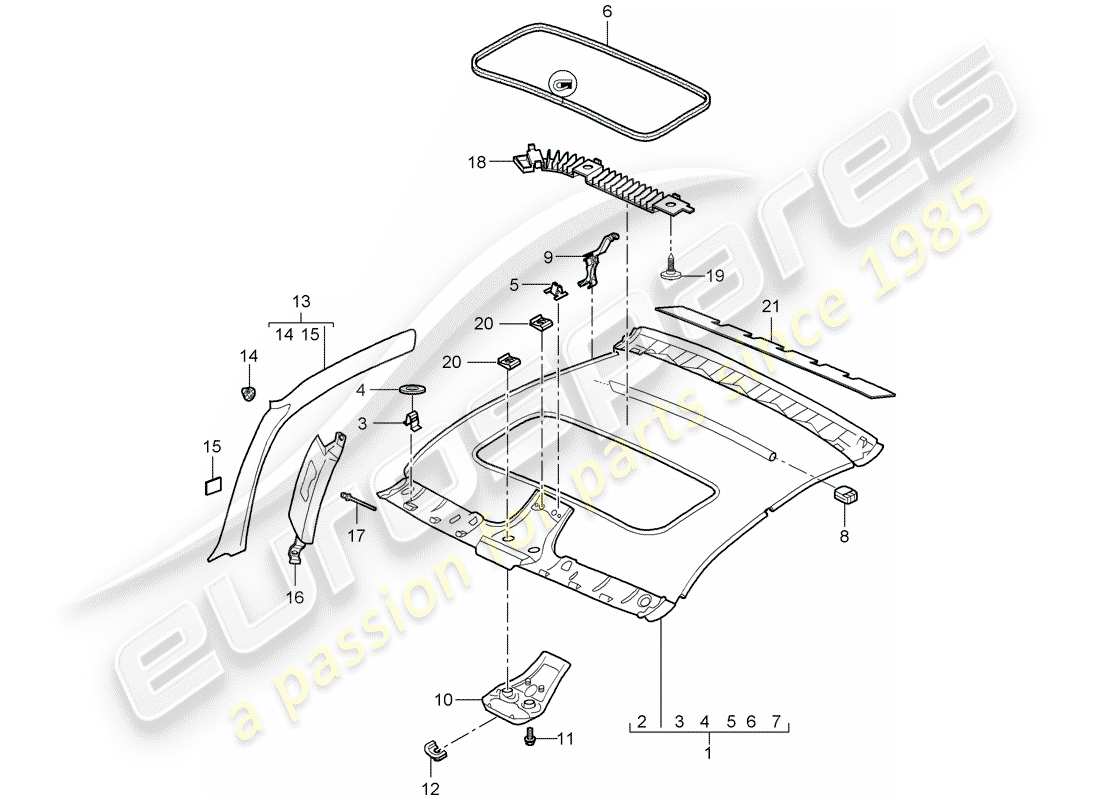 porsche 997 (2008) roof trim panel part diagram