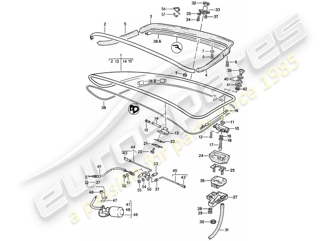 porsche 944 (1987) rear trunk lid - rear spoiler part diagram