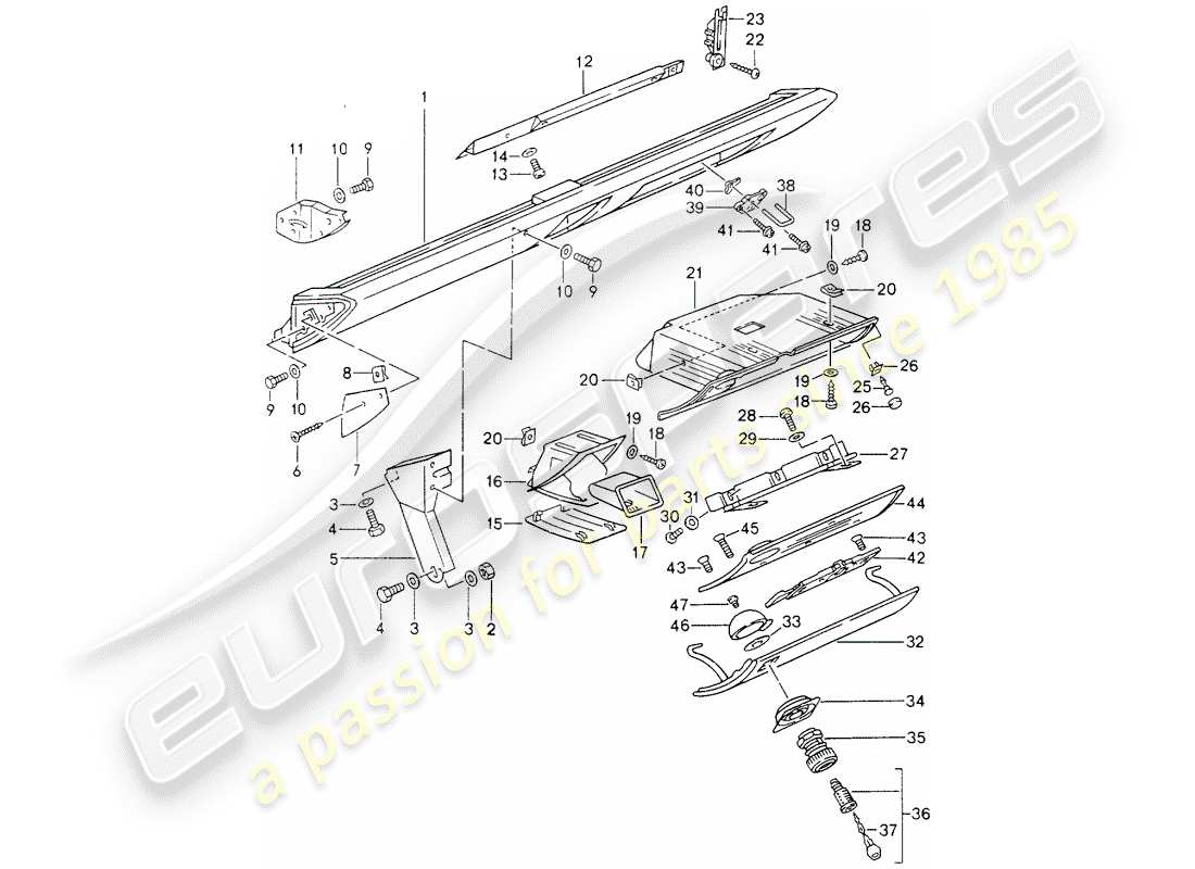 porsche 964 (1992) knee pad trim - airbag - for vehicles with - glove box lid - catch part diagram