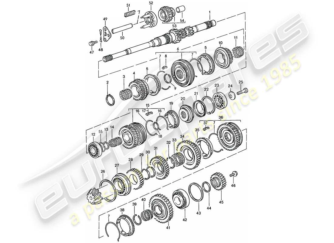 porsche 944 (1988) gears and shafts - manual gearbox part diagram