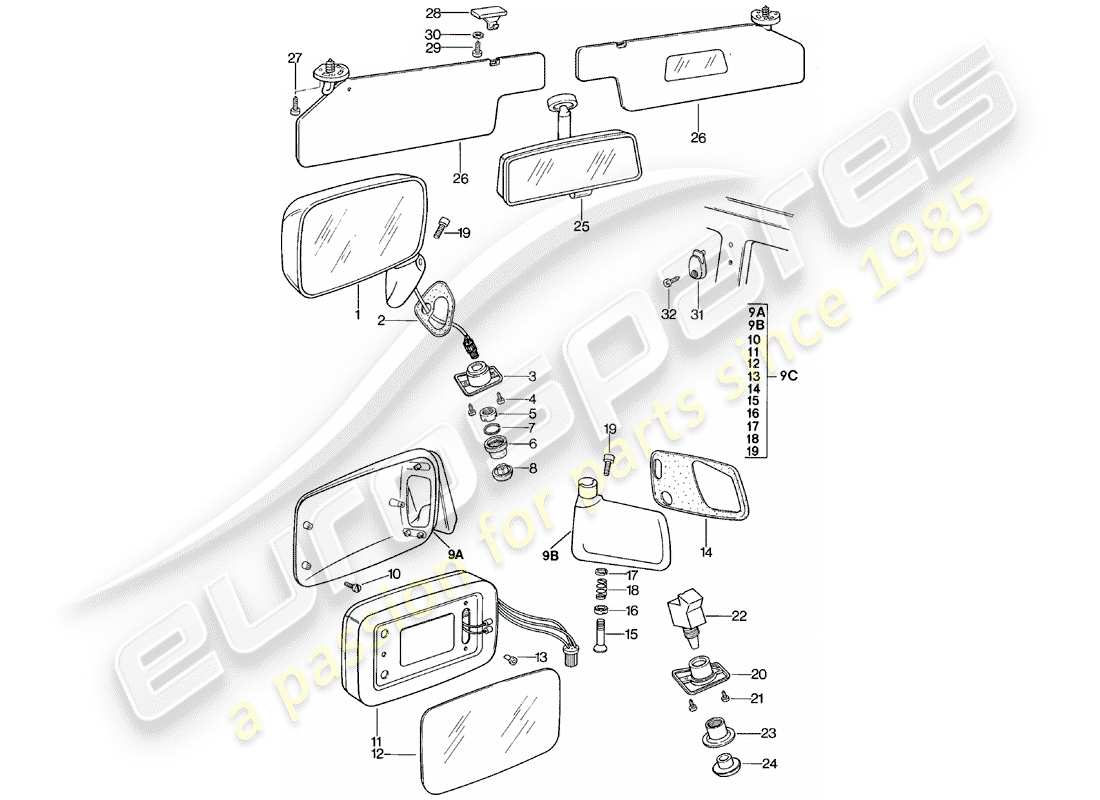 porsche 924 (1982) rear view mirror - rear view mirror inner - sun vizor part diagram