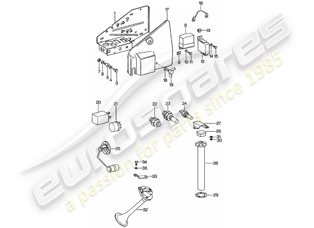 porsche 911 (1981) plate - relay - sensor - fanfare horn part diagram