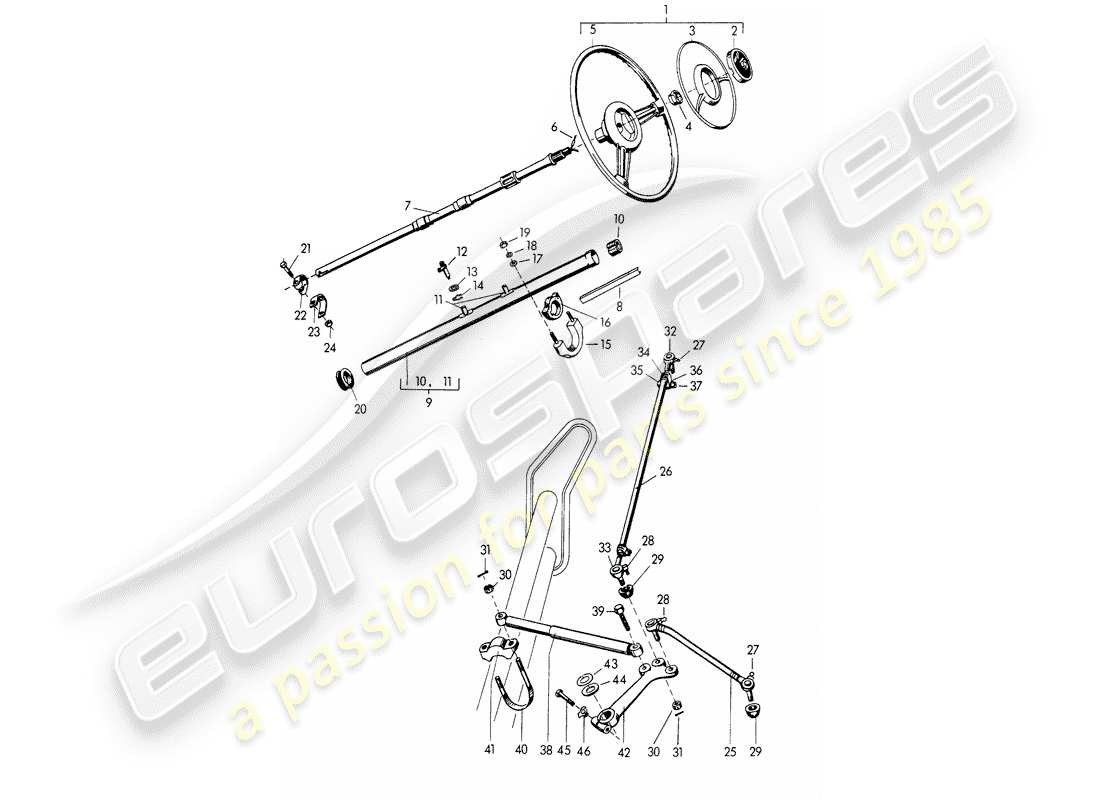 porsche 356/356a (1953) steering wheel - intermediate steering shaft - steering track rod - and - swing lever part diagram