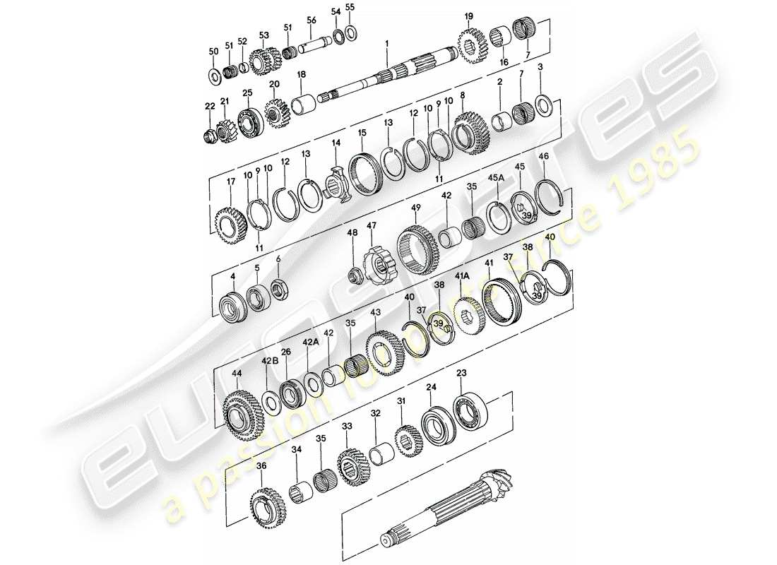 porsche 924 (1979) gears and shafts - 5-speed - transmission - gear wheel sets - 016 z part diagram