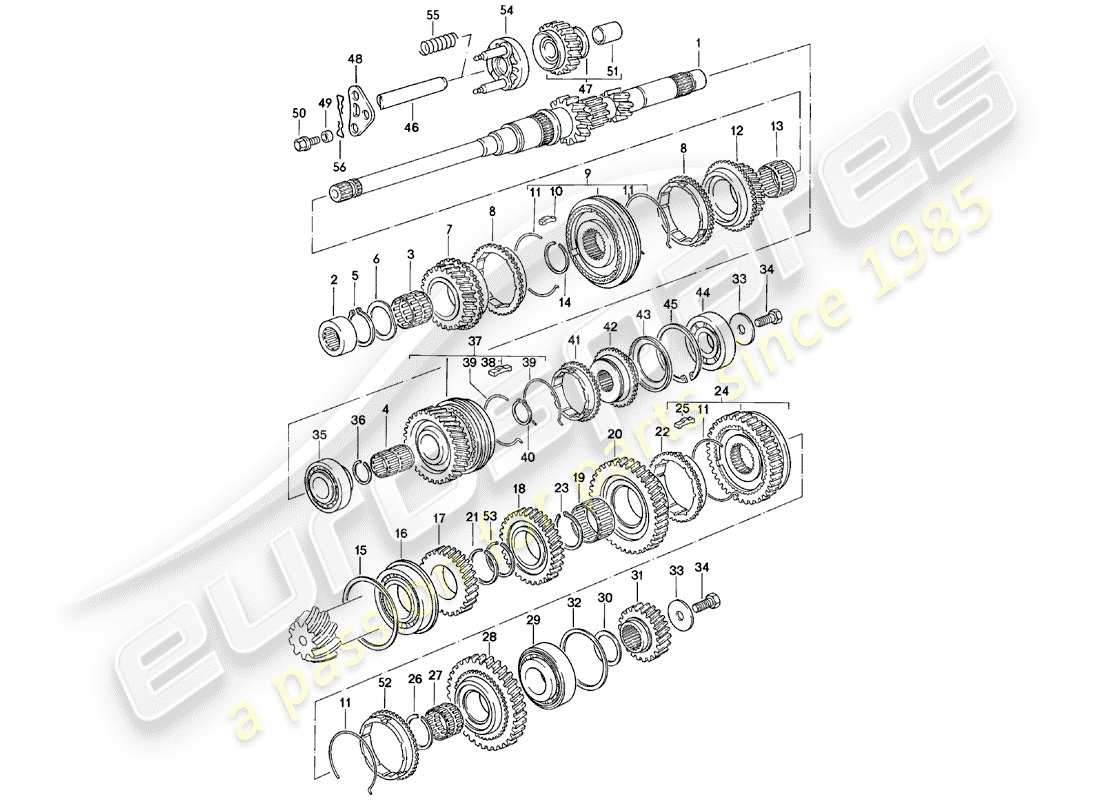 porsche 924 (1984) gears and shafts - manual gearbox - vq vr uv md - me mf mb mx - d - mj 1981>> part diagram